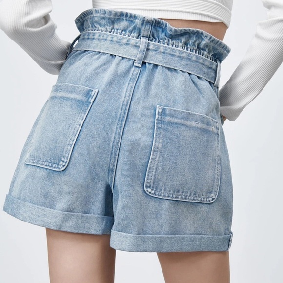 Zara High Waist Paperbag Denim Shorts with Belt Size 2 - Picture 3 of 11